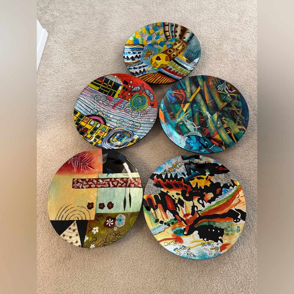 Set Of 5 Hand Painted Wood Art Deco W/Hangers On Side Plates Ceramic Coated